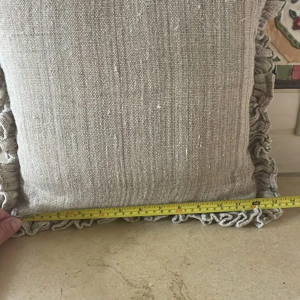 Linen pillow with ruffle burlap/olive color